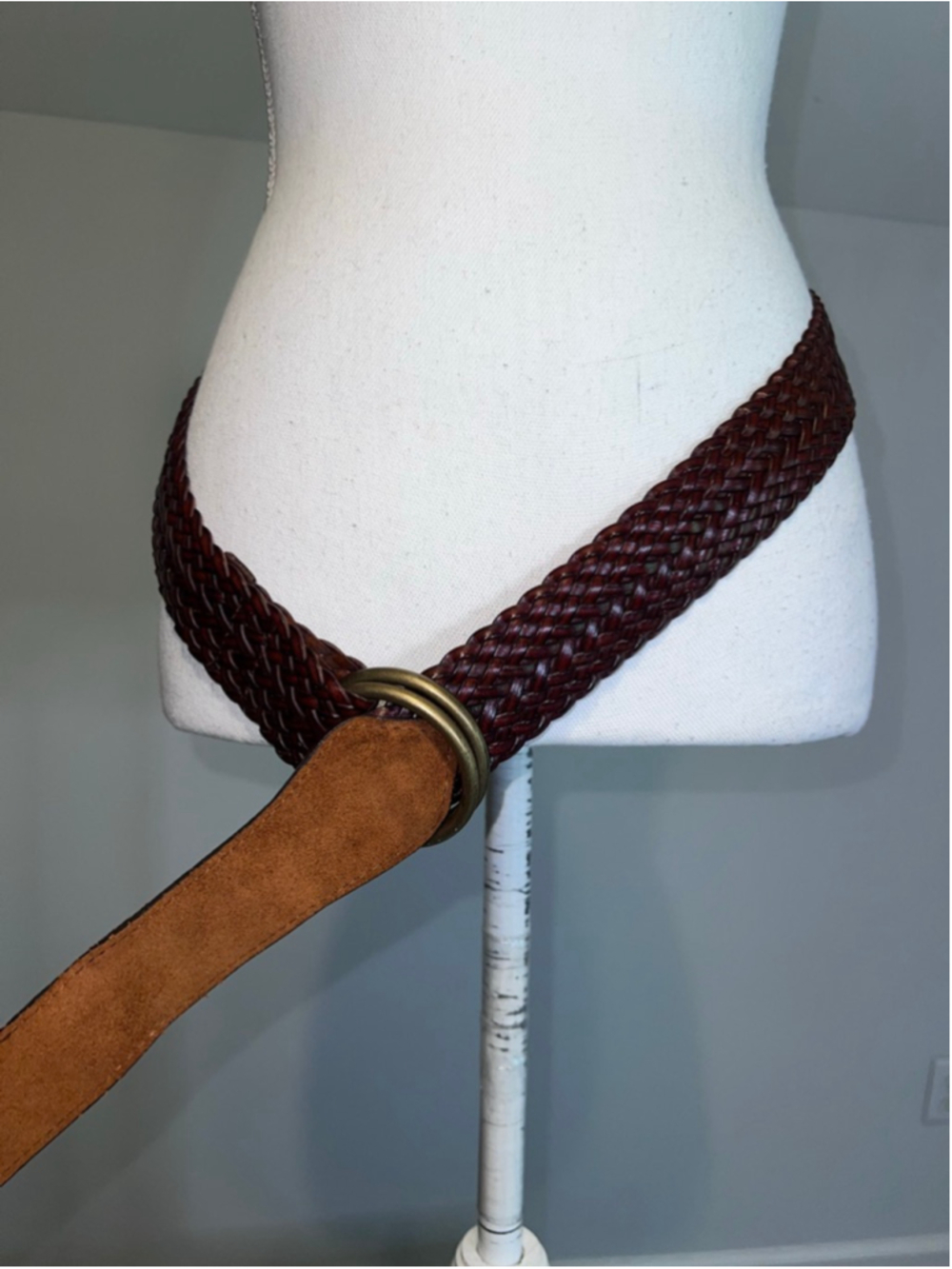 Women's Brown Braided Leather Belt with Brass Rings, One Size